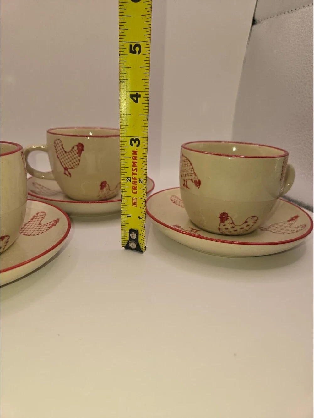 Vintage JOYYE Farmhouse Red Rooster / Chicken Teacups and Saucers (3), Country